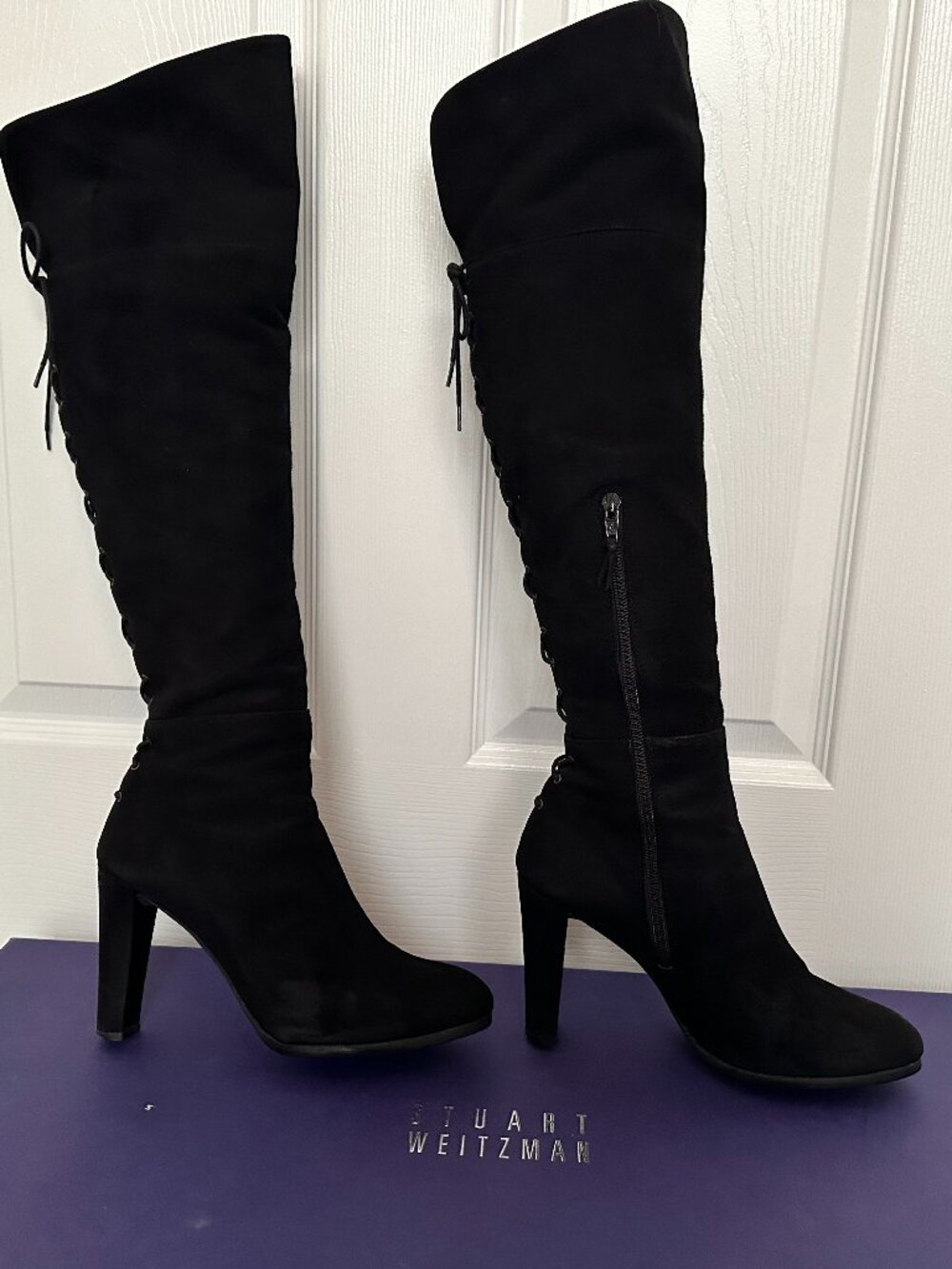 Stuart Weitzman Lacemeup heels in black suede, style SW62261, size 8M
